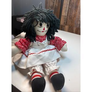 Vintage Handmade Raggedy Ann Doll Black Yarn Hair Red Dress Primitive Folk Art D